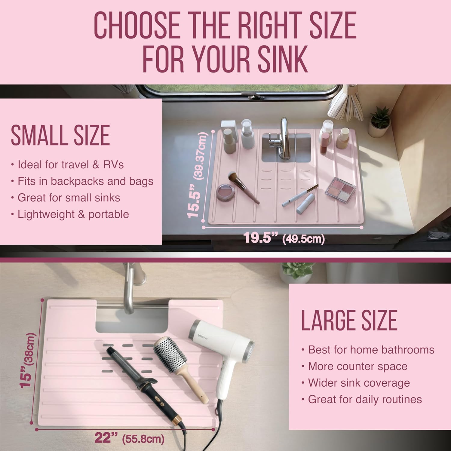Maplefield Foldable Silicone Bathroom Sink Cover - Extra Counter Space Vanity Mat - Heat-Resistant Bathroom Sink Topper - Large, Rose Pink, 22 x 2 x 2 in