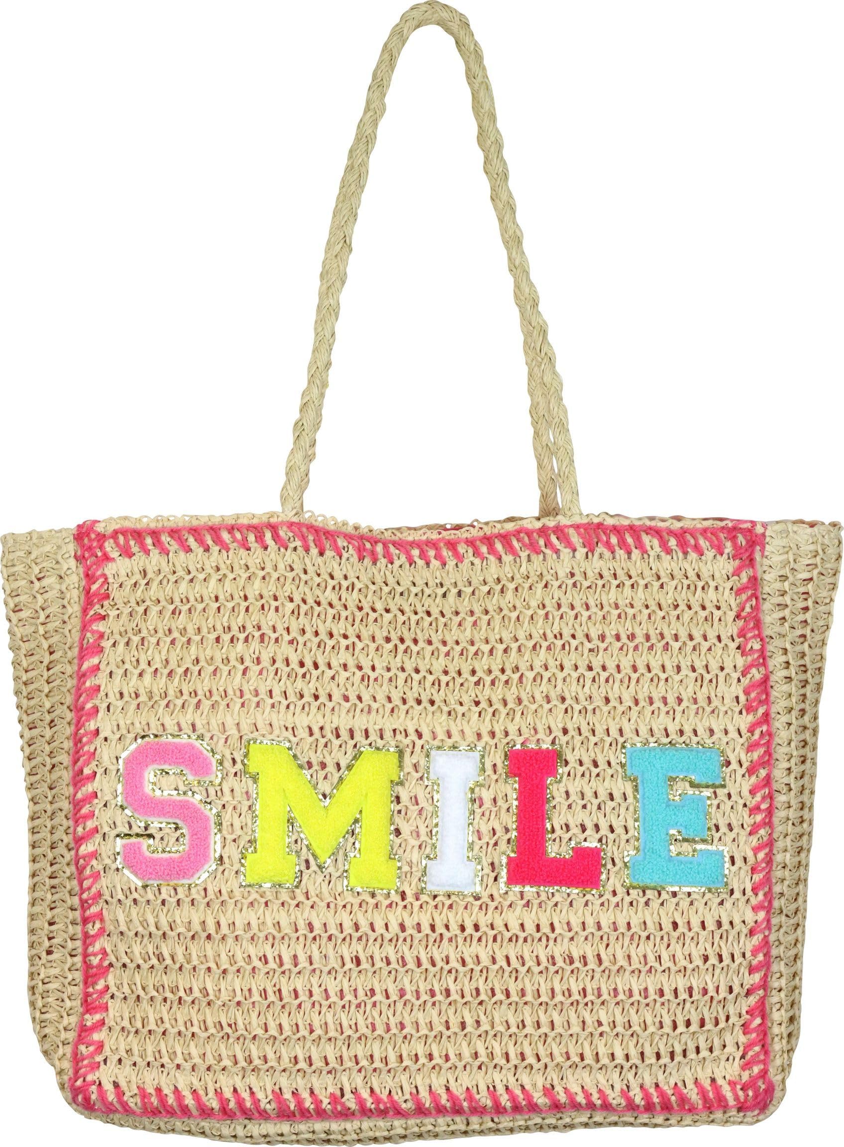 Korbtasche Smile – Handgefertigte Basttasche aus Raffia, Baumwolle & Polyester – geräumig & farbenfroh – 39x34x11 cm