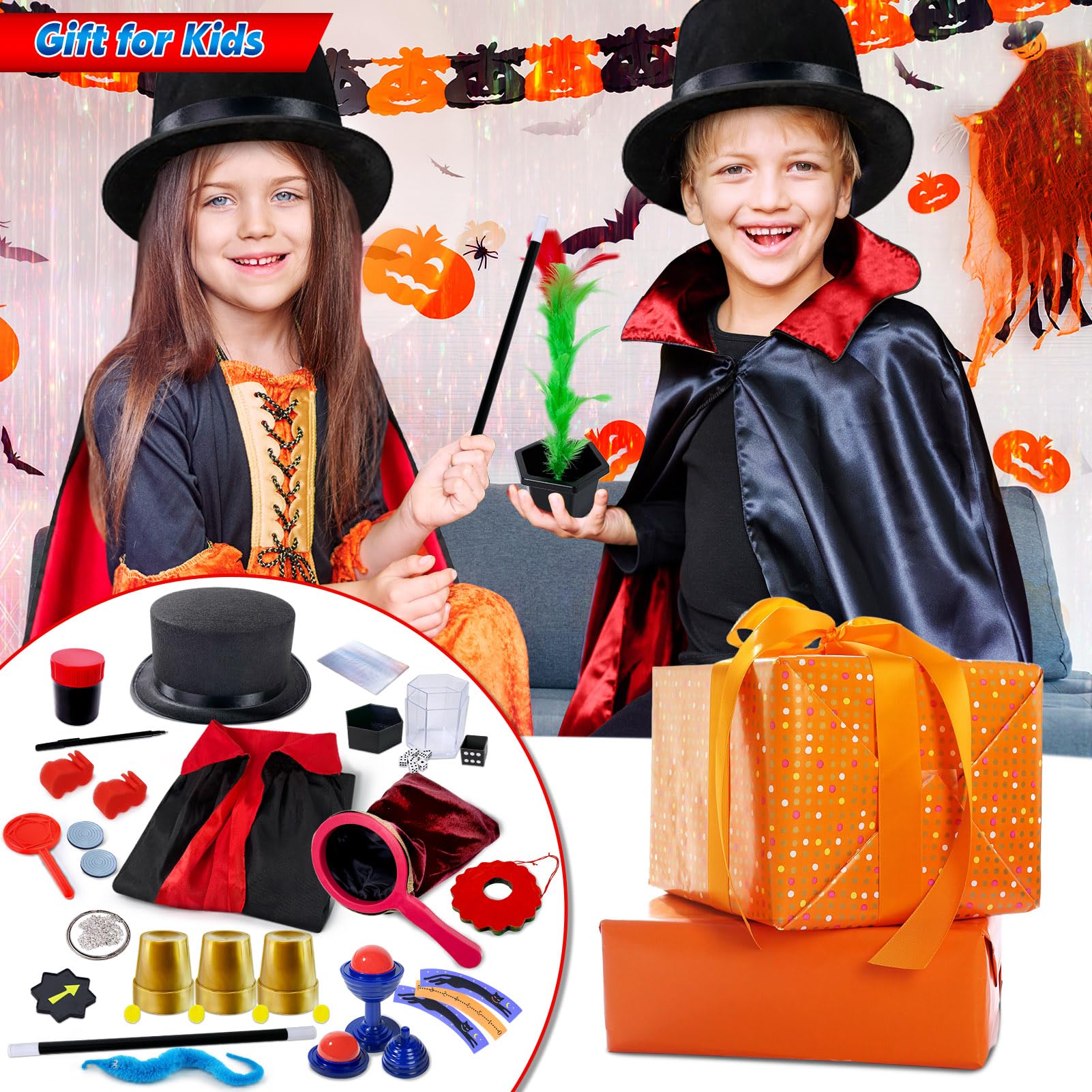 Heyzeibo Juego de Magia, Trucos de Magia con Instrucciones para Cada Truco para Niños de 6 7 8 9 10 11 12 Años, Disfraz de Mago para Jugar, Niños y Niñas