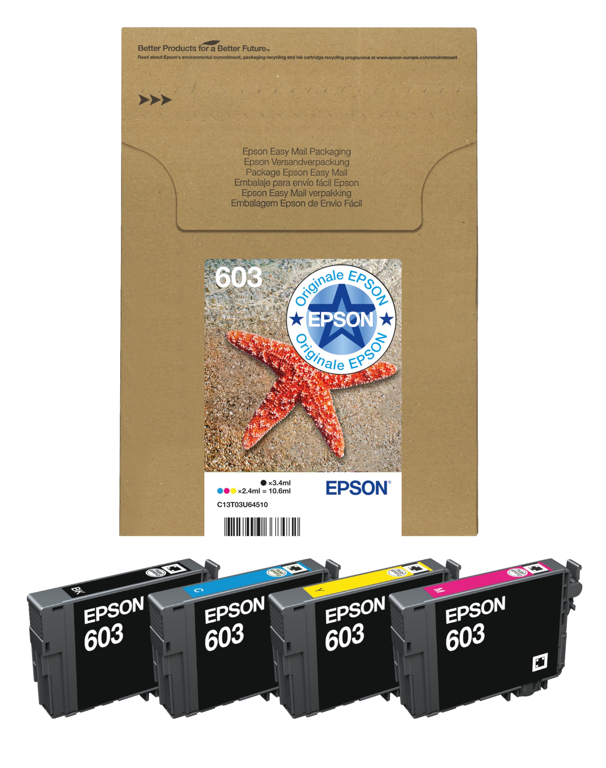 Epson Serie 603 Stella Marina - Cartucce originali per Stampante getto d'Inchiostro, Multipack 4 colori (Nero, Ciano, Magenta, Giallo) Standard, Stampa fino 130 pagine colori/150 Black, Pack EasyMail