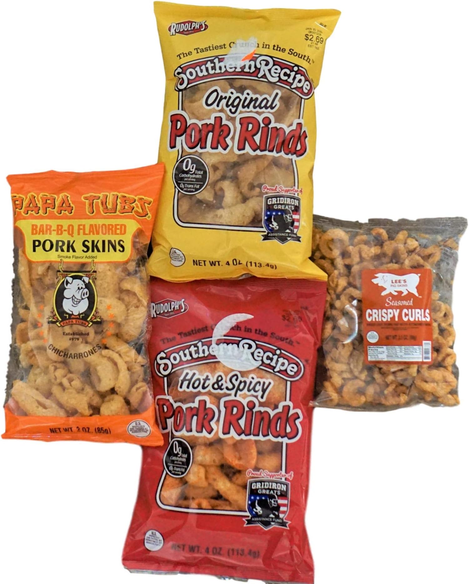 Rudolphs Pork Rinds 4 Flavors Variety Pack - Southern Recipe Papa Tubs and Lees Crispy Curls, Seasoned, BBQ, Original, and Hot and Spicy Pork Rinds