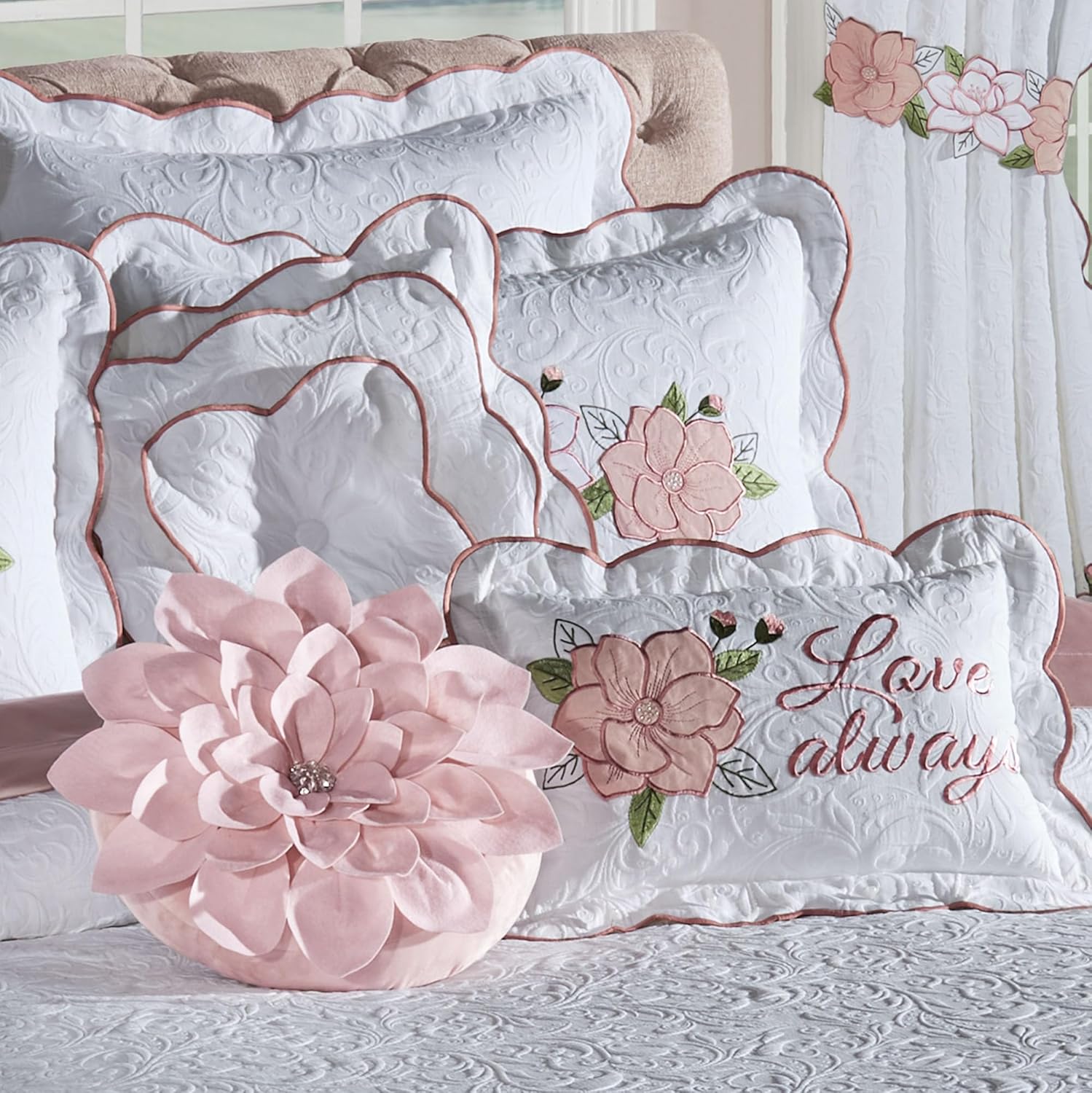 Lovington Floral Luxury Matelasse Bedding | Pink and White Velvet Flower Appliques | 11-Pc Bed Set: Oversize Cal King Coverlet, Bedskirt, 2 King Shams, 2 Euro Shams, 2 Euro Inserts, & 3 Accent Pillows - Image 3