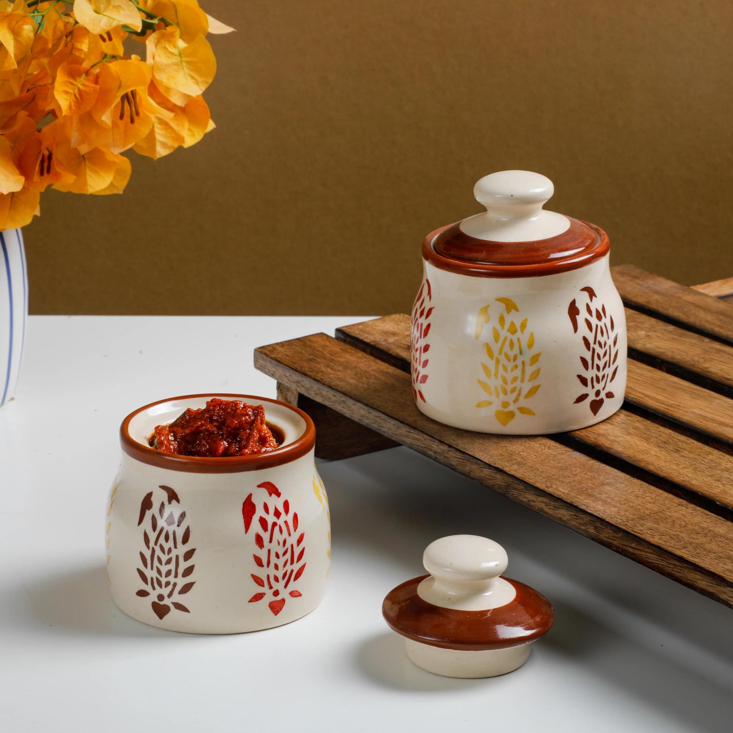 Desi Favors Floral Ceramic Jar | Handpainted Ceramic Multipurpose Pickle Jars for Pickle Candy Spice Snacks, Kitchen Storage Containers, Ceramic Vase, Pickling Jar - Small
