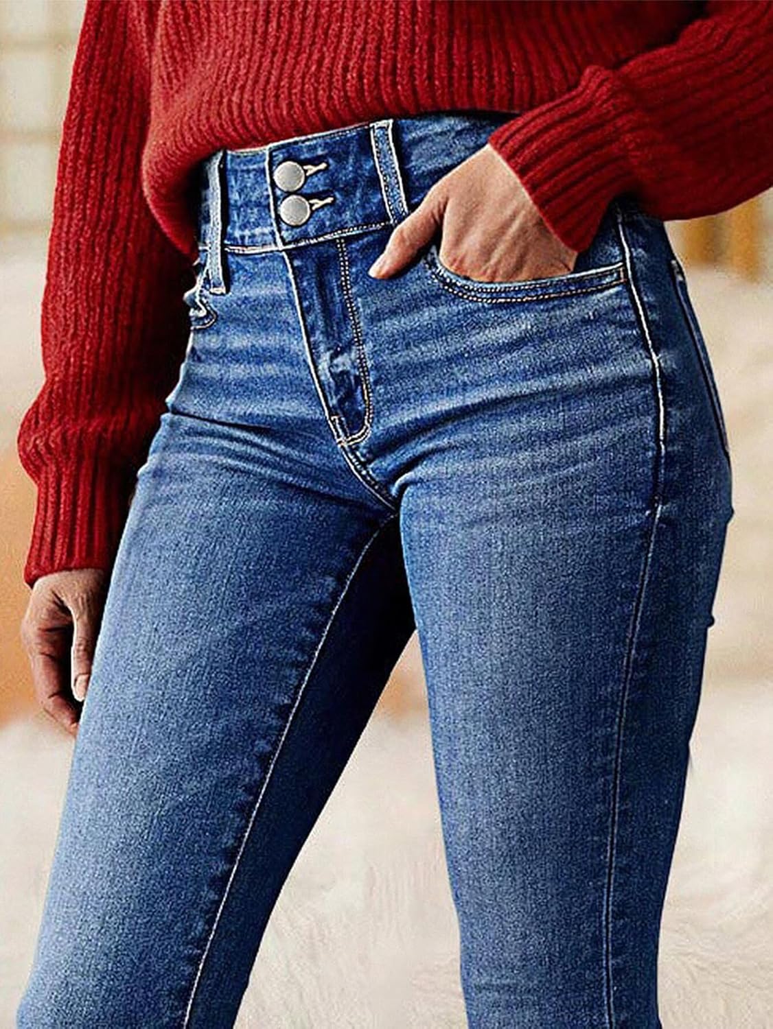 Flamingals High Waist Butt Lifting Skinny Jeans for Women Double Button Tummy Control Vintage Denim Pants - Image 2