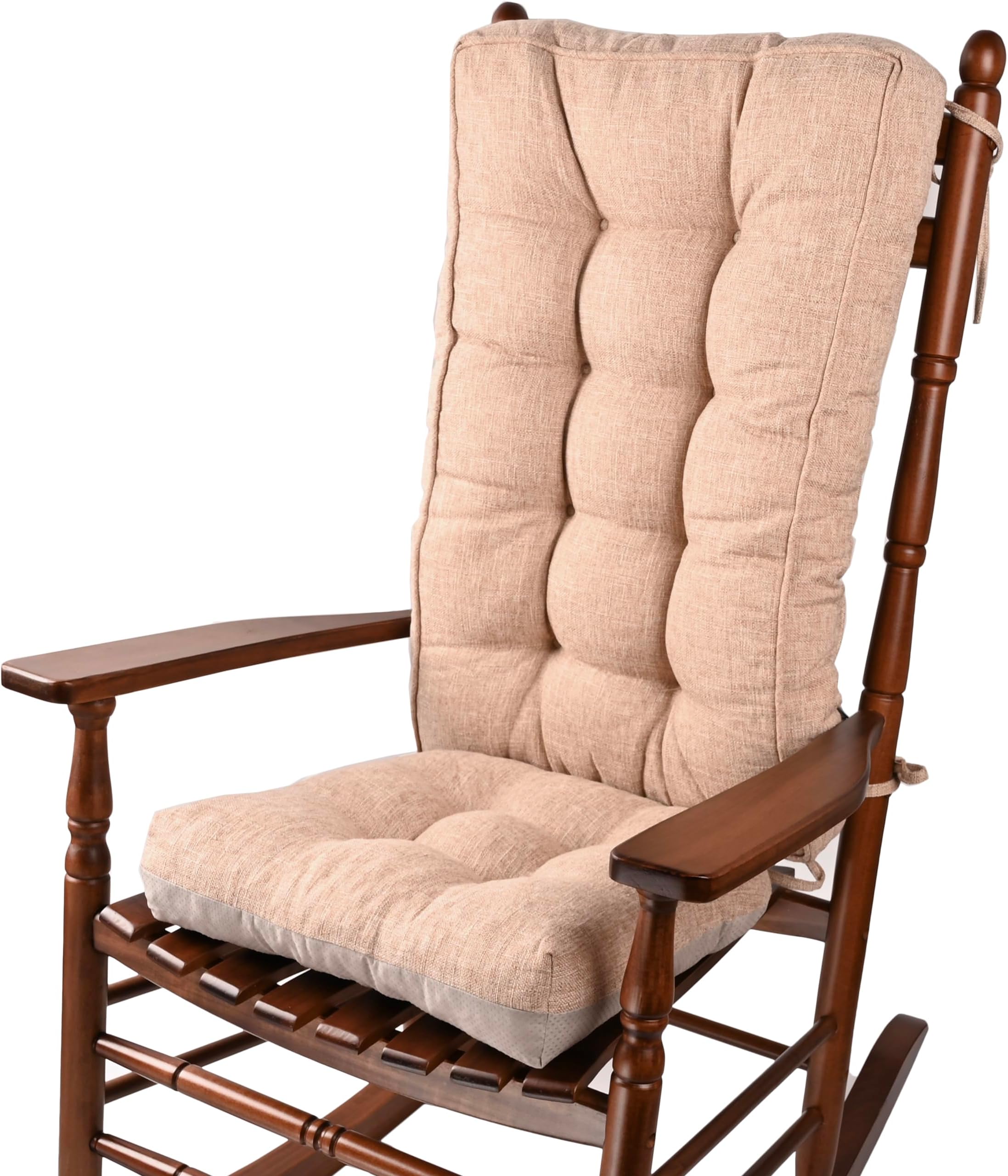 KGPLOME 18 in Jumbo Rocking Chair Cushions with Ties,Non-Slip Durable Linen Pads Thick Padding and Tufted Design for Living Room Rocker (Dark Beige, Set of Seat & Back Cushion)