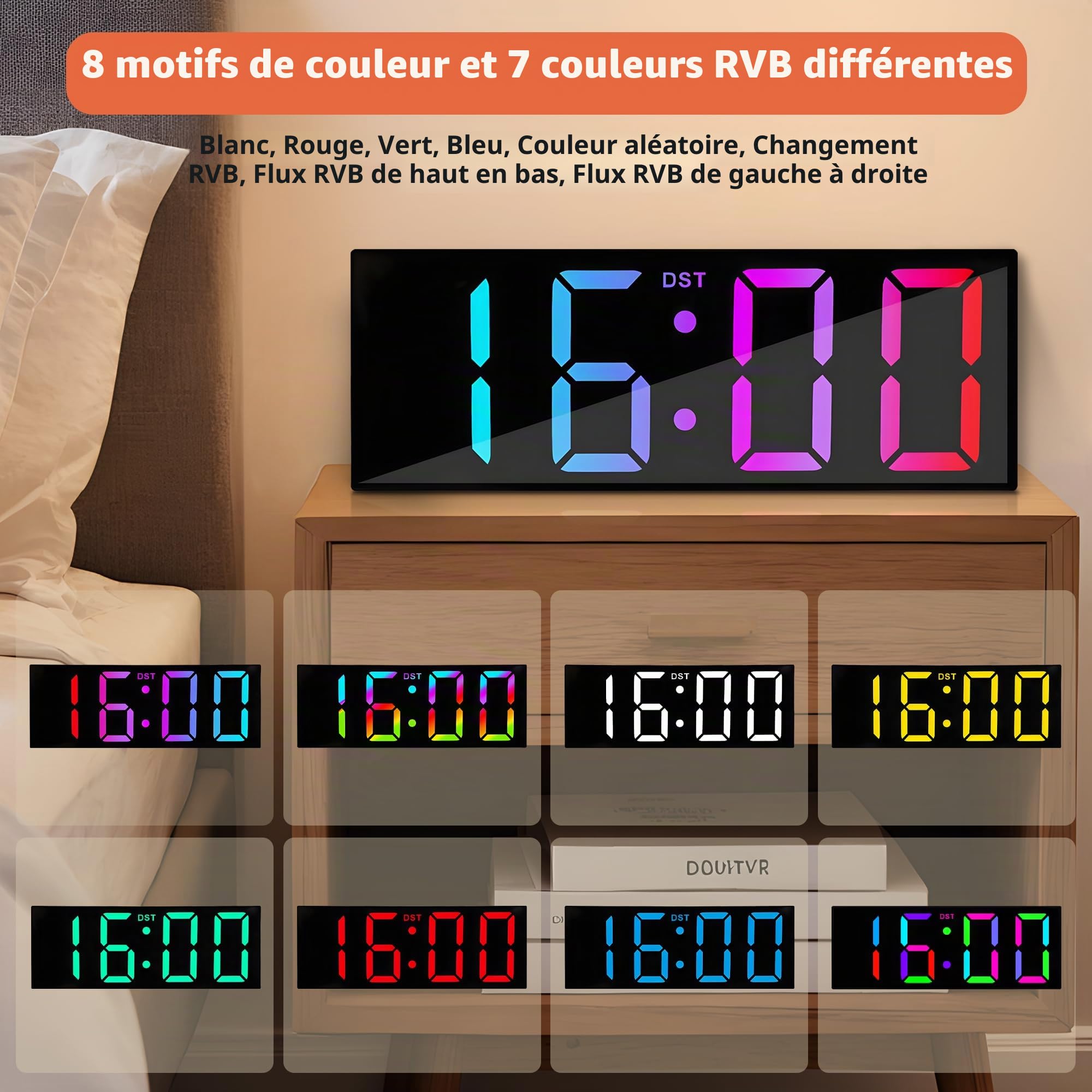 Maxstar12''Grande horloge murale numérique avec télécommande,grand écran d'écran LED,8RVB,DST,décor de bureau de lumière de nuit moderne pour le salon,chambre,bureau,salle de classe,salle d'étude-noir