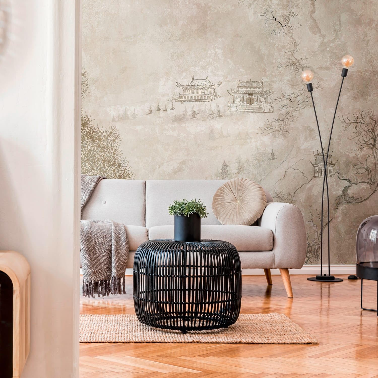 Papier peint panoramique oriental pour salon chaleureux beige brun Profhome