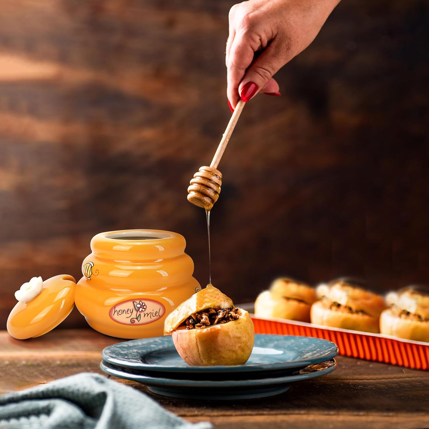 BuleVina Ceramic Honey Pot with Wooden Dipper - Small Bee Hive Jar Honey Storage with Lid Stir Bar (5 Oz) - Farmhouse Kitchen Decor, Tea Accessories, Dishwasher Safe Honey Dispenser Kitchen Supplies image 4