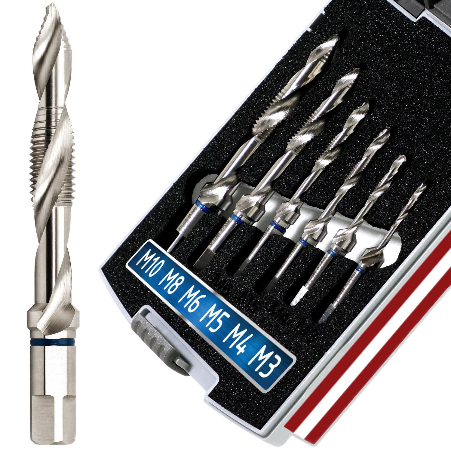 WeLiQu HSS-Co Step Point Kombi-Gewindebohrer Set 6-teilig M3 M4 M5 M6 M8 M10 - Bohrer, Gewindeschneider & Senker in Einem, für nahezu alle Werkstoffe, bis 2xD Materialstärke, ISO 2 (6H)