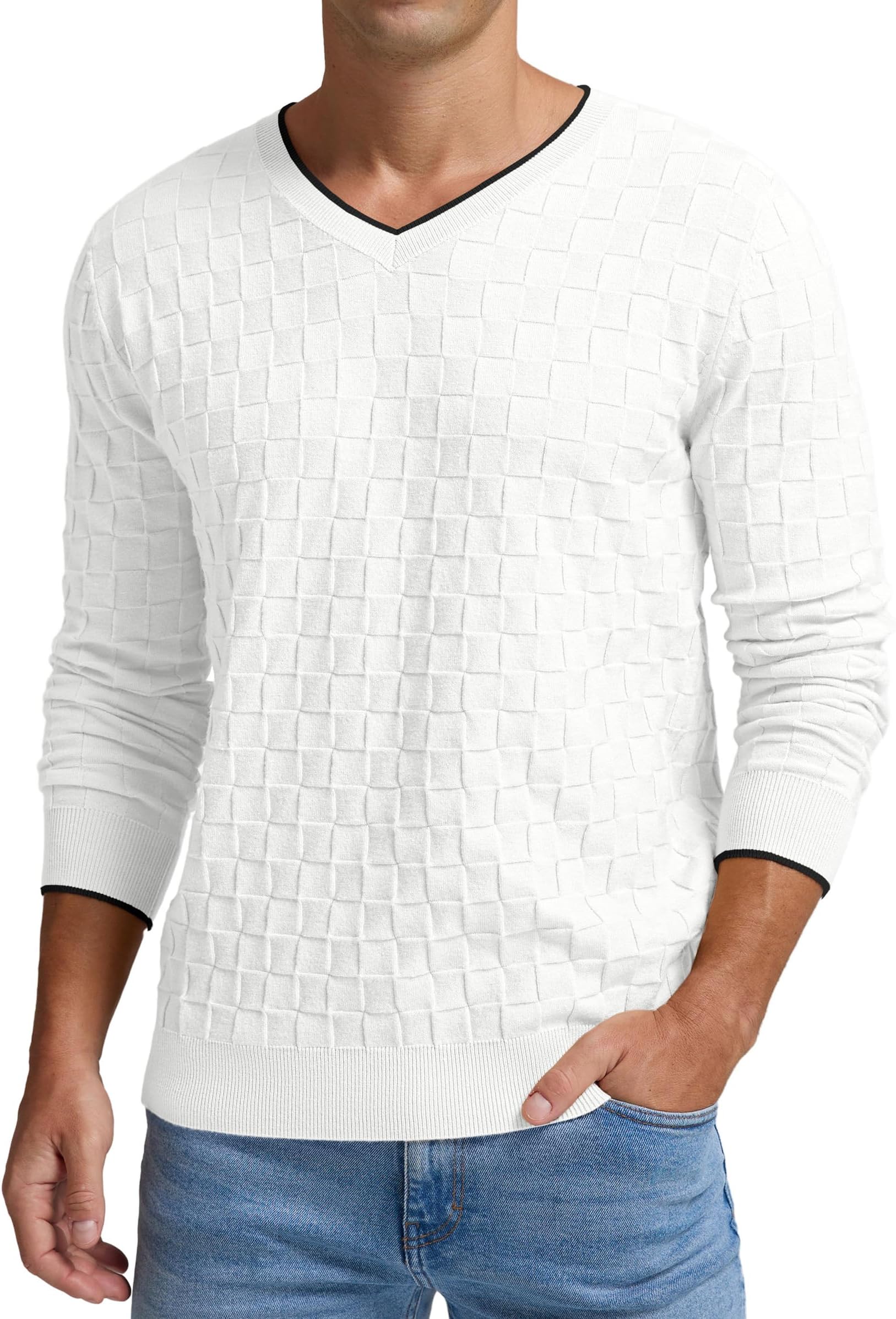 Sailwind Mens V-Neck Sweater Cable Knit Long Sleeve Casual Basketweave Stitch Pullover Sweater