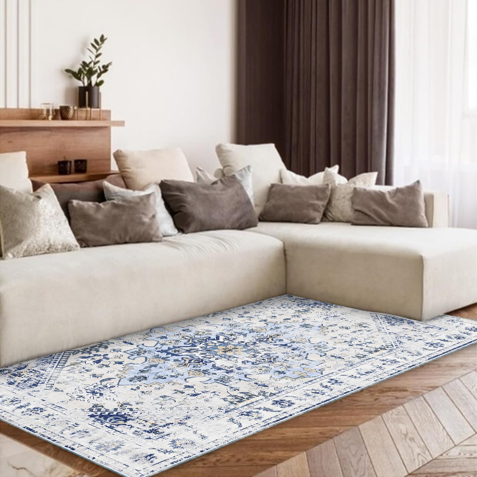 Area Rug for Living Room, Bedroom Soft Machine Washable Rug Indoor Non-Slip Vintage Entryway Carpet Ultra-Thin Kitchen Floor Rug Low Pile Faux Wool Inside Door Durable Rug (3x5)Dark Blue)