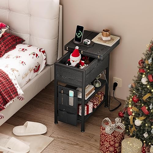 Miniatura 4 de Mesa auxiliar con estación de carga, mesita de noche abatible con puertos USB y tomas, mesa auxiliar de sofá con bolsa de tela y ganchos, mesita de