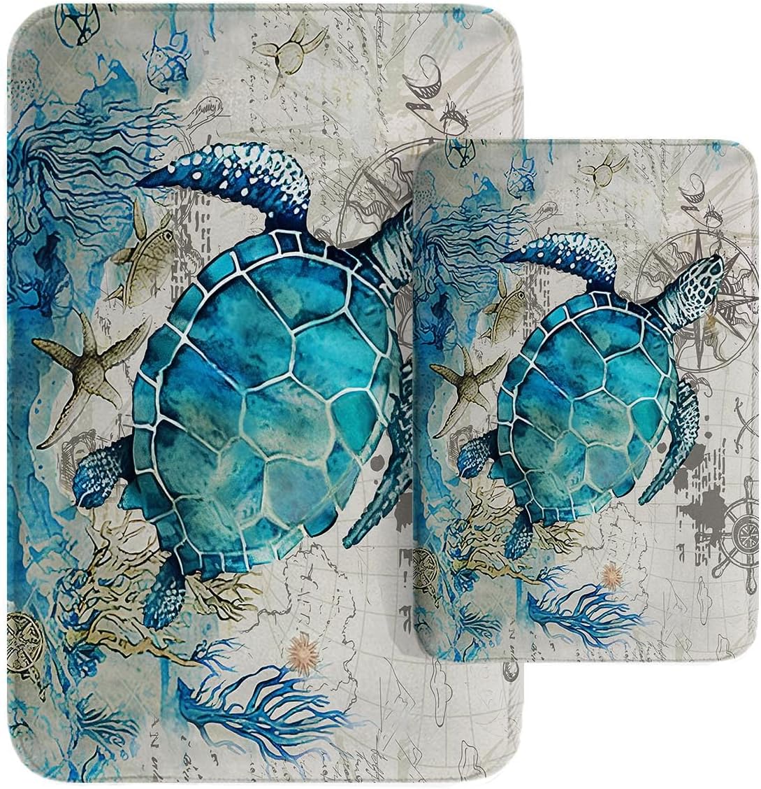 Britimes Bathroom Rug Mat Set of 2, 16x24 and 20x32 Inch, Sea Turtle Teal