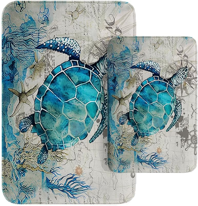 Britimes Bathroom Rug Mat Set of 2, 16x24 and 20x32 Inch, Sea Turtle Teal