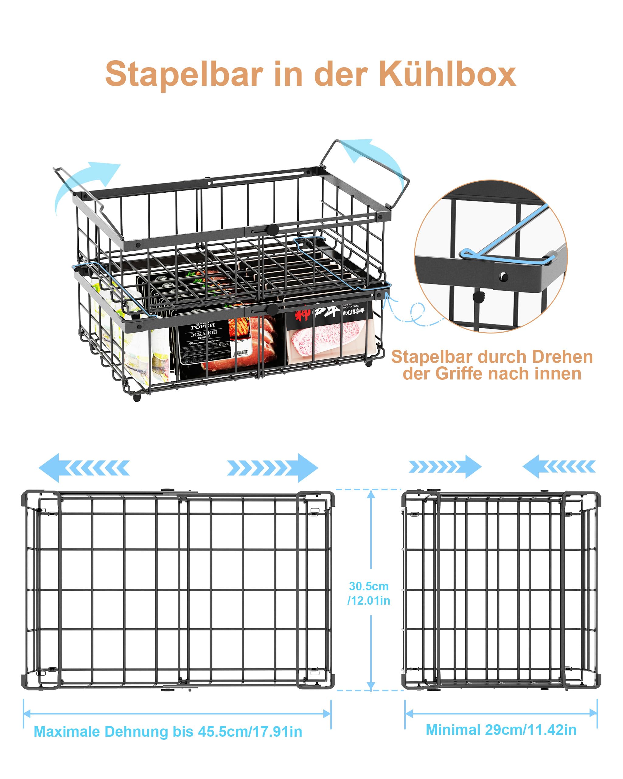 UMDONX 2er Gefriertruhe Körbe Schwarz - Griff Stapelbar GefrierköRbe für 283 bis 566L TiefküHltruhe,Gefrorene Zutaten organisieren, Ausziehbare Länge(29-45x30x15cm)