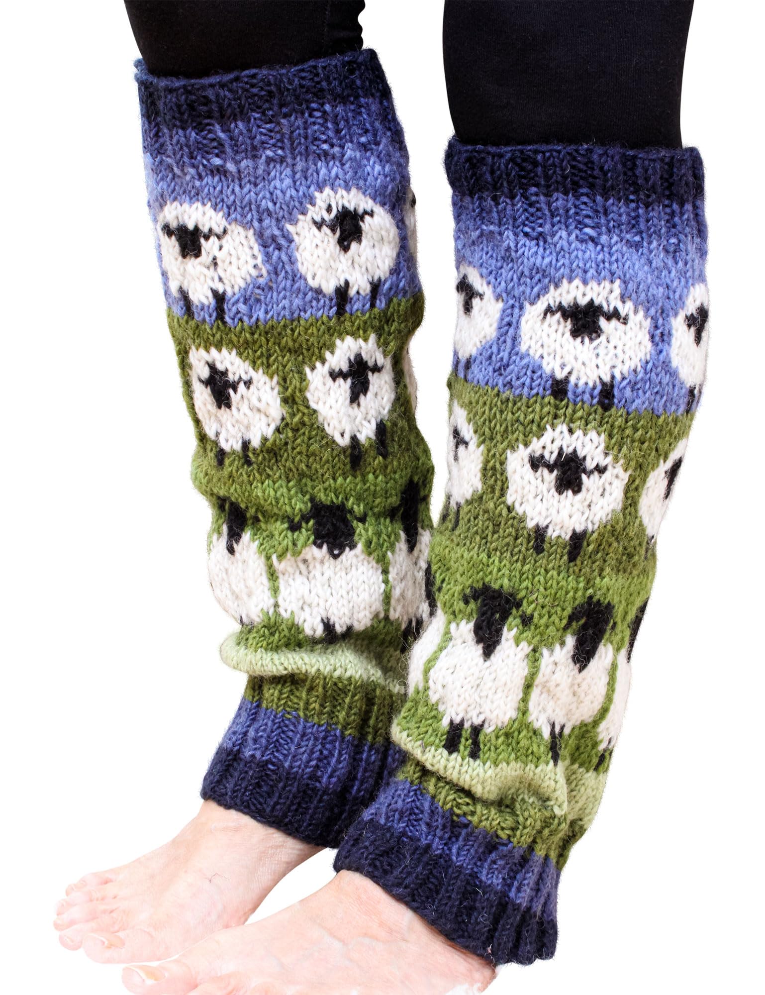 Pachamama Women 100% Wool Legwarmer Handknitted Flock of Sheep Design Blue Multicoloured Regular Fit Handmade Extra Warm