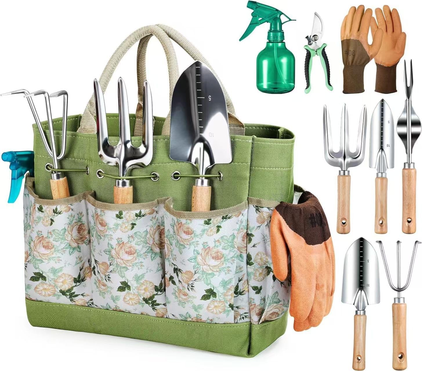 Fashion and Durable Garden Tools Gardening Tools 9-Piece Heavy Duty Gardening Hand Tools with Organizer Handbag,Rust-Proof Garden Tool Set, Ideal Gardening Gifts for Women