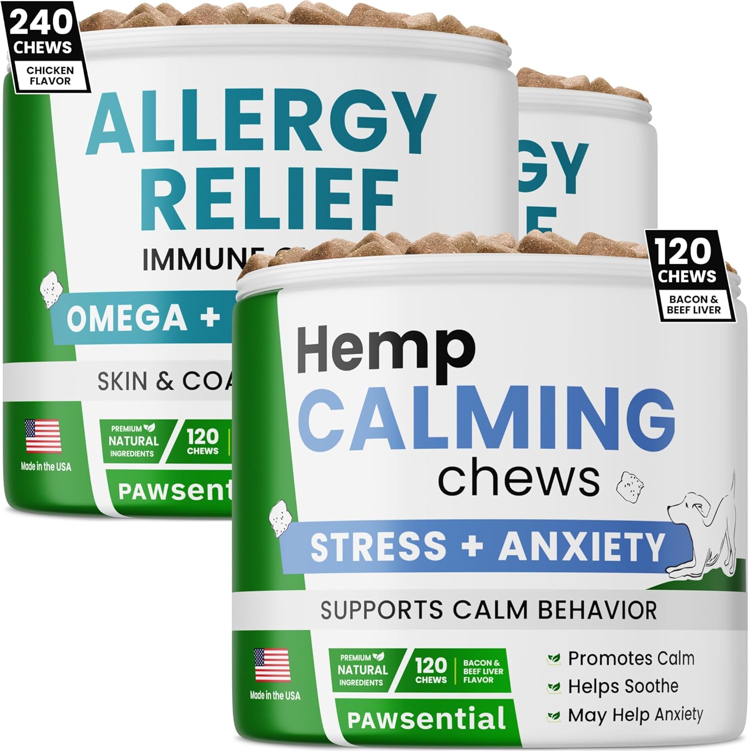 Allergy Relief +Advanced Calming for Dogs Bundle - w/Probiotics + Omega 3 + Colostrum + w/Melatonin + Valerian Root - Seasonal Allergies + Calm & Sleep Aid Bites - 300 Ct - Made in USA