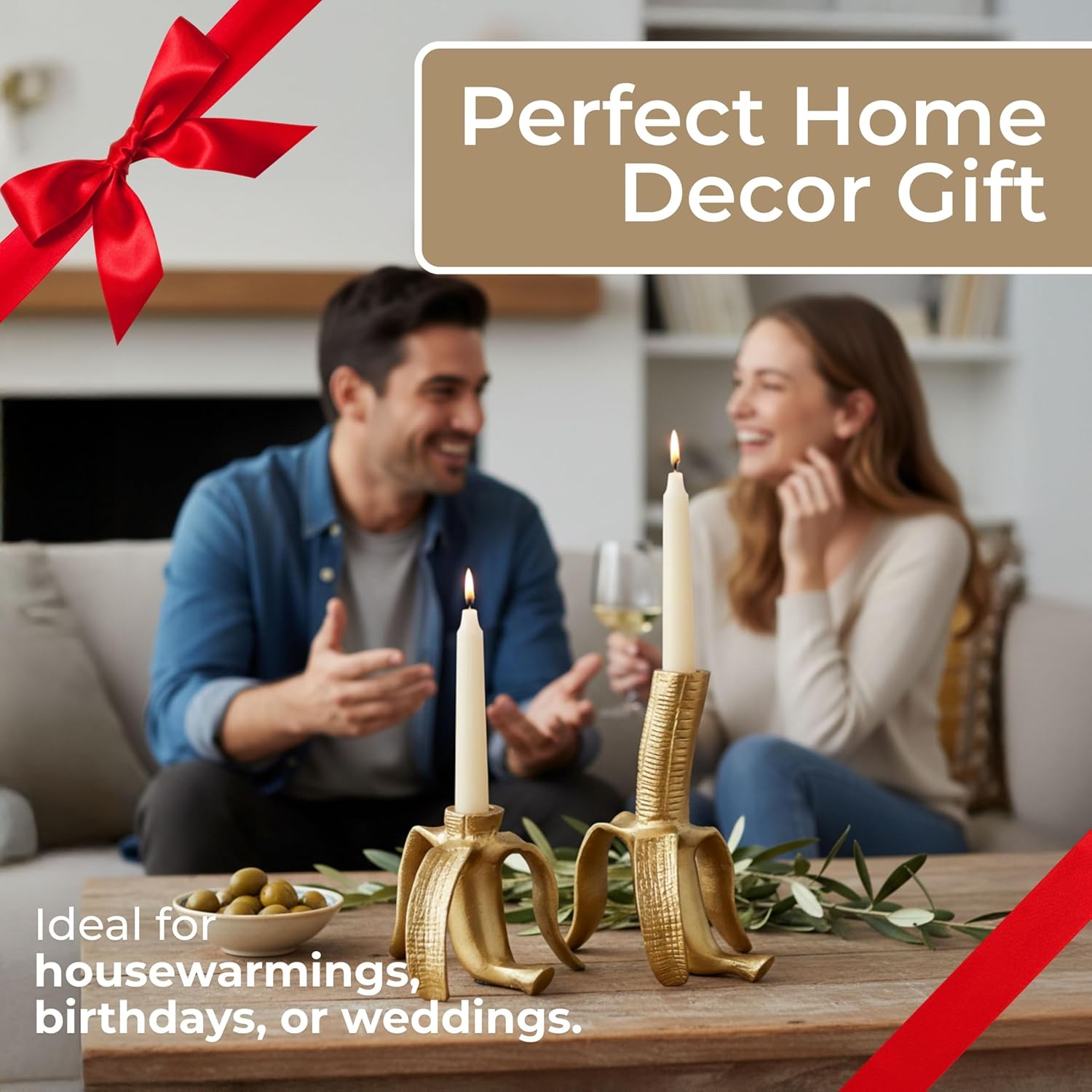 Decorative Banana Candle Holders - Metal Taper Candlestick Holders for Table Centerpieces or Living Room Decor - Stylish Candle Stand Holder for Shelf, Office, or Home Decor - Set of 2, 7", 5", Gold