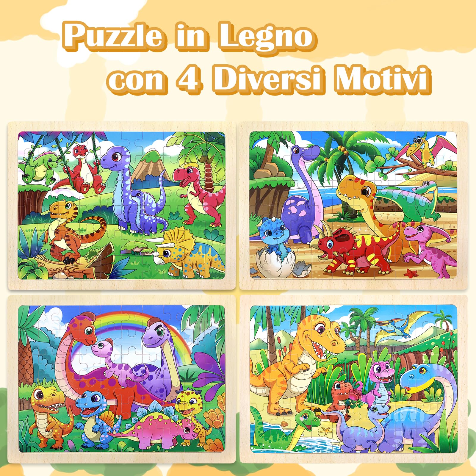 Puzzle legno per bambini 3-7, per bambini dai 3-4 anni Giocattolo per attività in dinosauro, Legno didattico regalo per viaggio su strada-4x60 pezzi