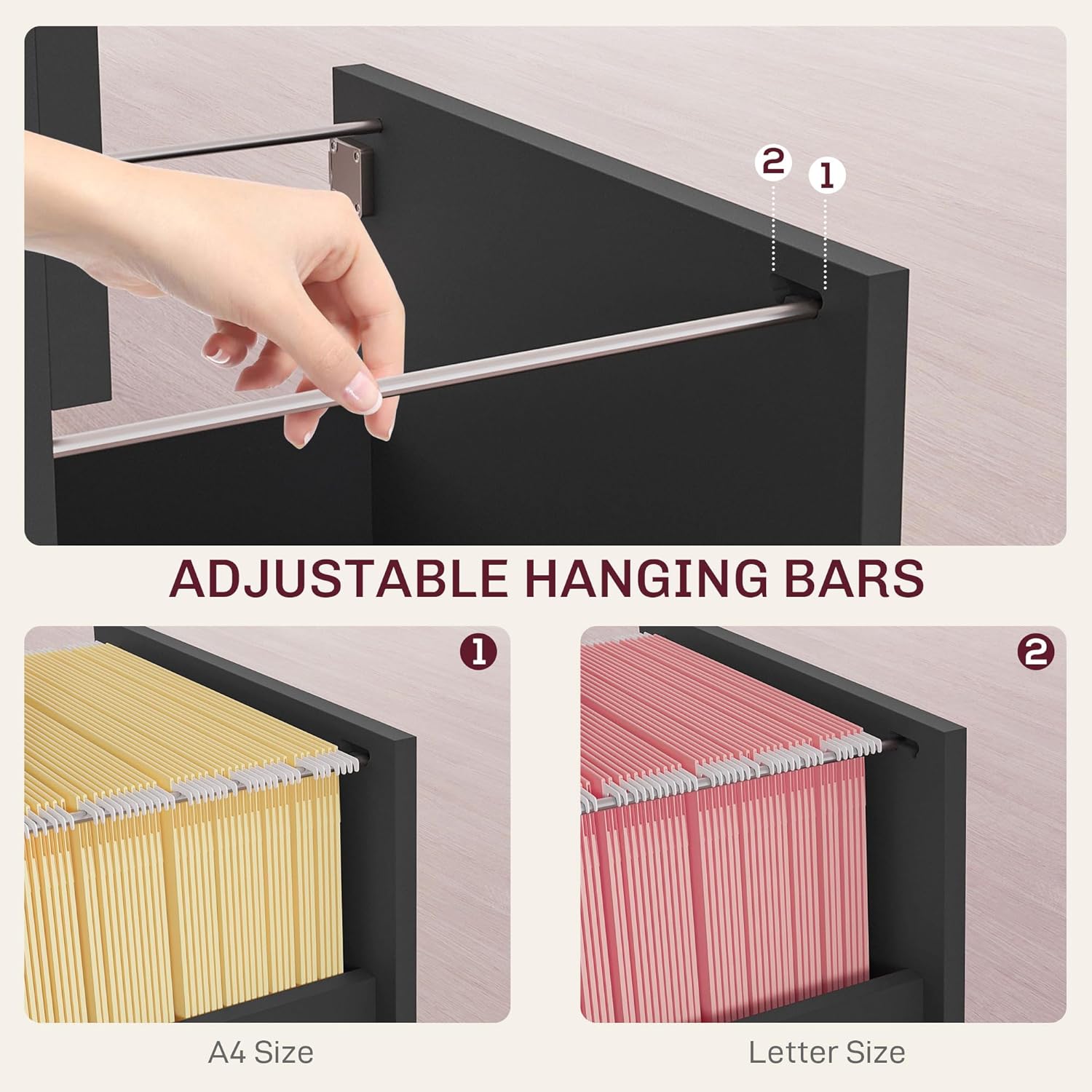 HOMCOM 2 Drawer File Cabinet, Lockable Filing Cabinet with Adjustable Hanging Bars for A4 and Letter for Home Office, Black