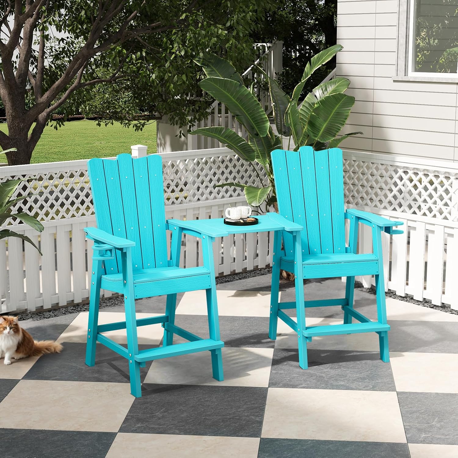 ONBRILL Tall Adirondack Chairs Set of 2, HDPS Patio Adirondack Chairs, Tall Balcony Chair with Connecting Tray, Bar Height Chairs with CupHolder and Umbrella Hole, No Fade, No Break