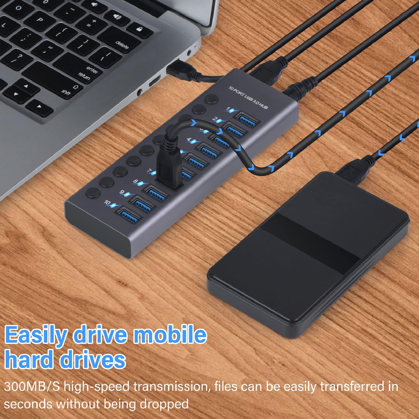 Ejoyous Hub USB 3.0 con Alimentatore, Hub USB 3.0 a 10 Porte da 60 W con Interruttore On/off e LED per Laptop Pro Air PC (Spina europea)
