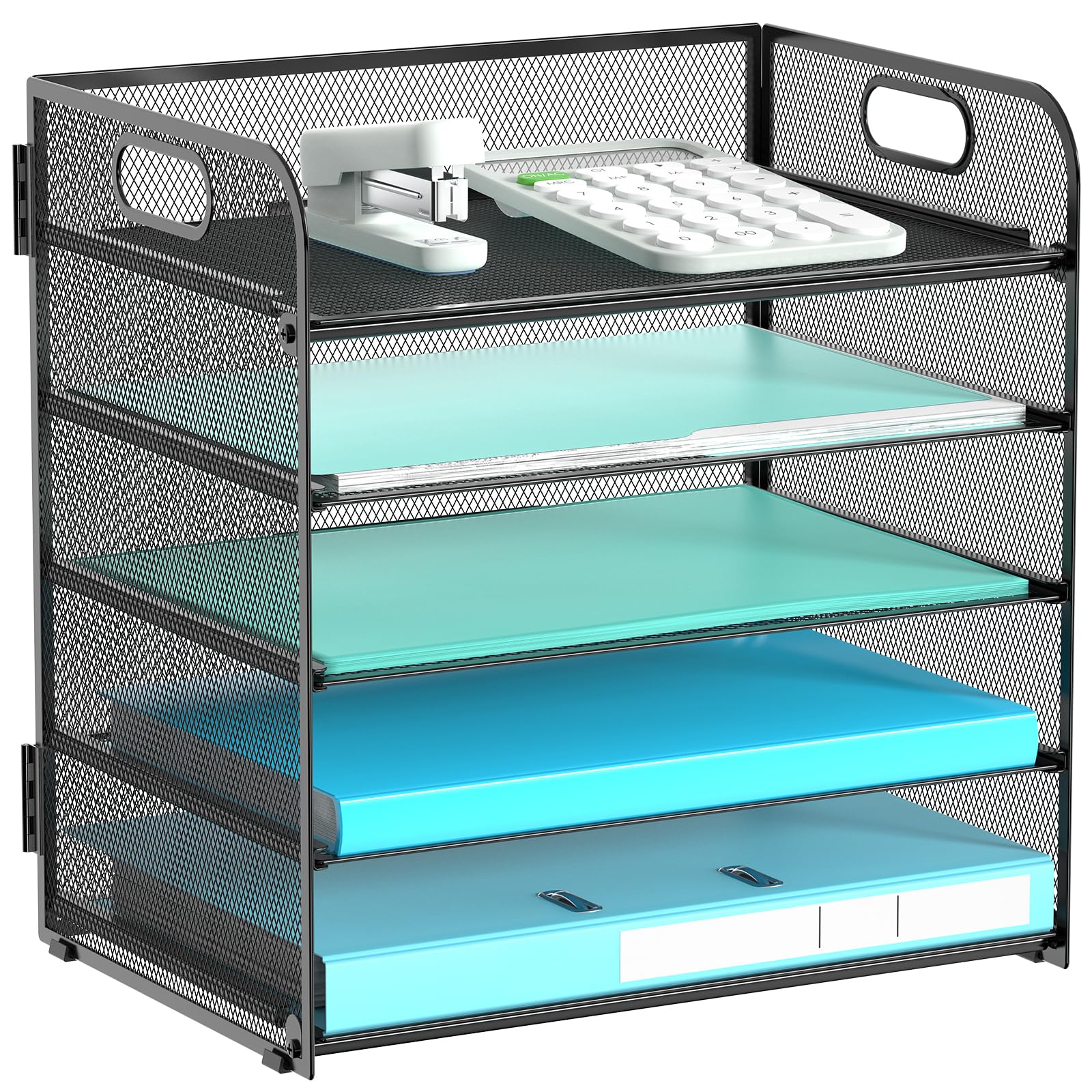 5 Tier Letter Tray Paper Organizer, Mesh Deak File Organizer with Handle for Office School, Black