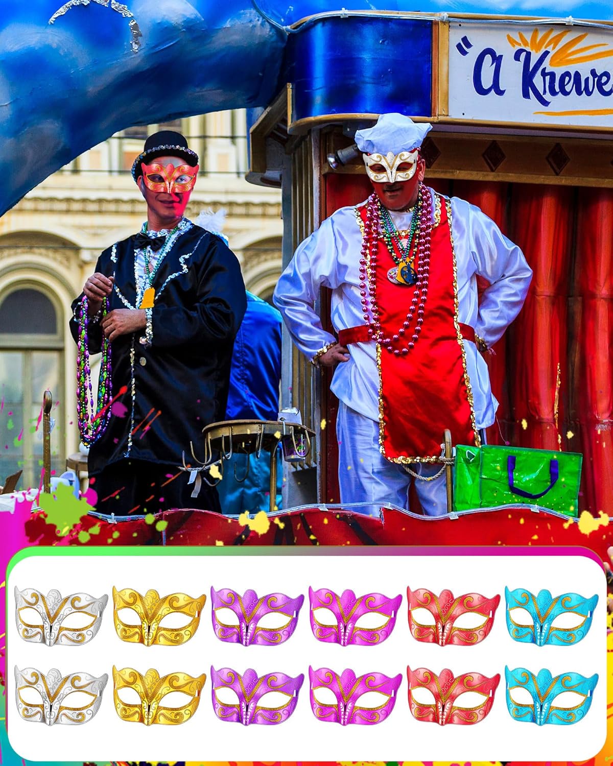 Sratte 120 Pcs Mardi Gras Masks Bulk Metallic Masquerade Masks 6 Colors Mardi Gras Costume Party Accessory - Image 5