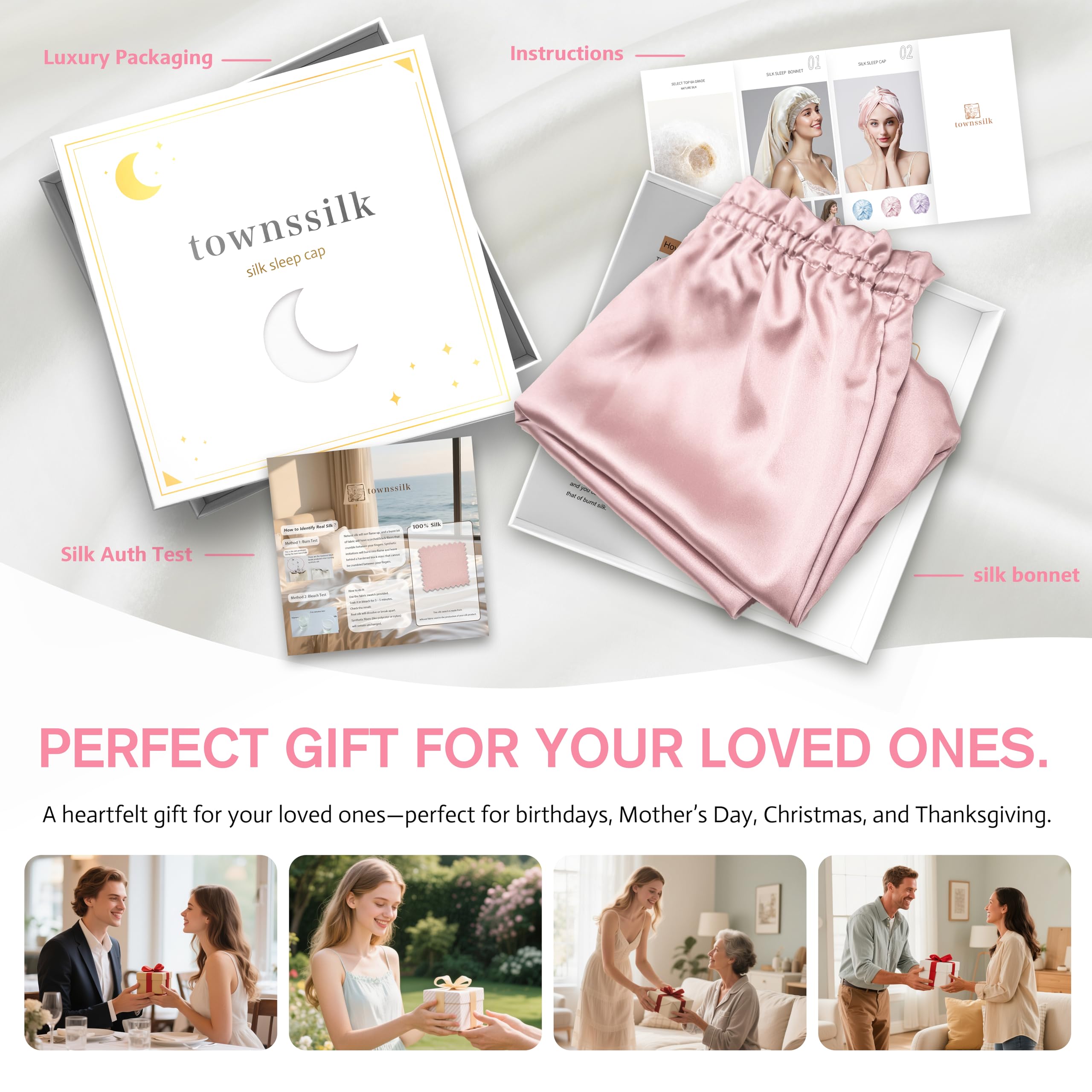 townssilk Seidenhaube zum Schlafen, 100% 22 Momme Maulbeerseide, für Damen, luxuriös, atmungsaktiv, sitzt sicher über Nacht & druckfrei, ideal für kurzes & mittellanges Haare – DustyPink 32cm