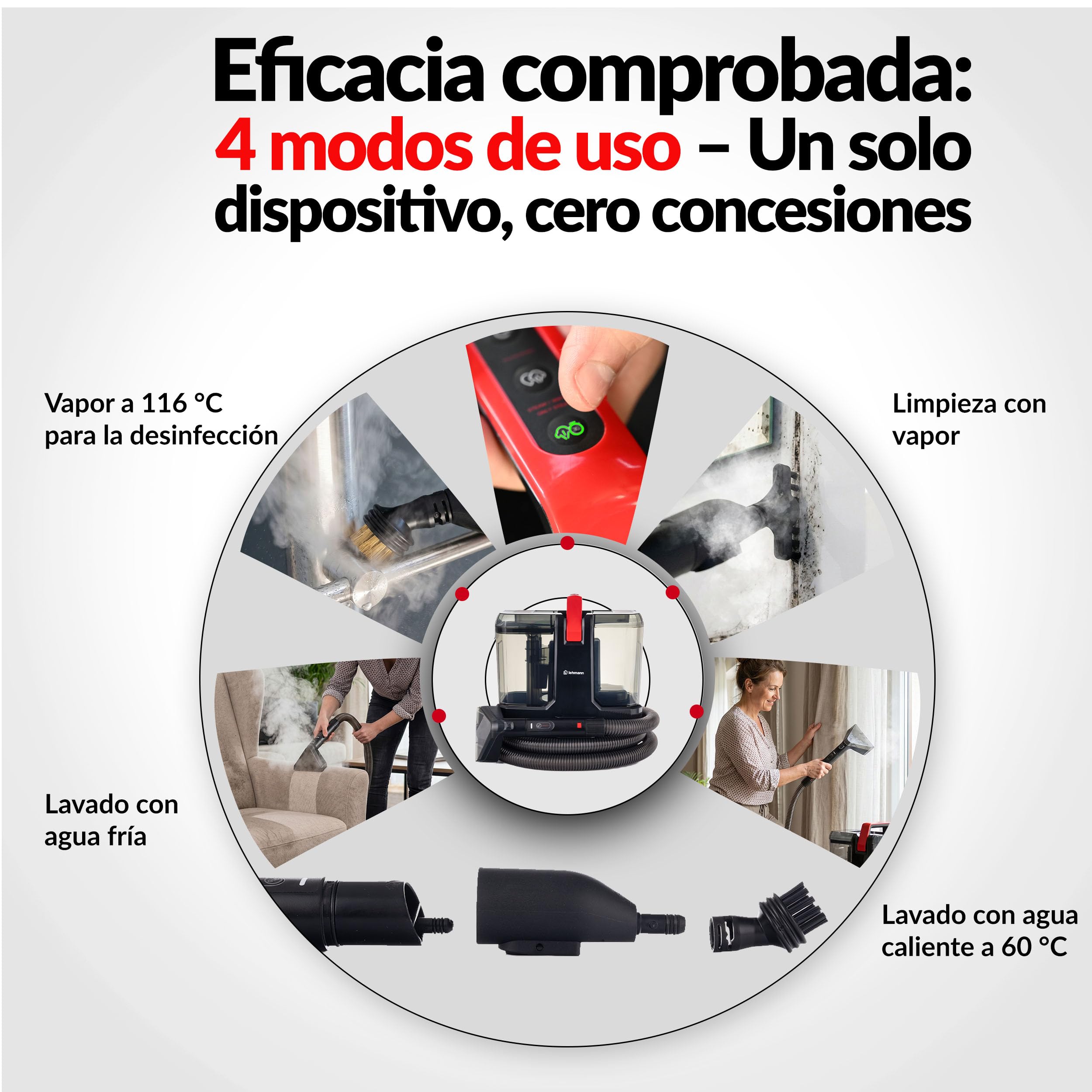 LEHMANN SteamWash 1800 Limpiador de alfombras y vapor 3 en 1, limpiador de tapicería para sofás y alfombras con agua caliente a 60 °C y vapor a 116 °C, potencia de succión de 16 kPa