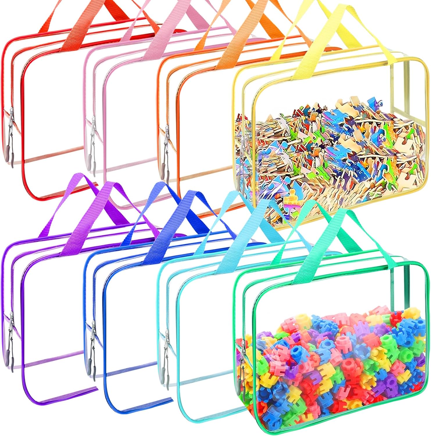 8 Packs 8 Colors Large Toy Storage Bags Reusable Clear PVC Board Game Storage Toy Organizers and Storage Bags with Zipper for Building Blocks Puzzle and Handmade Accessories Clear Toiletry Bag