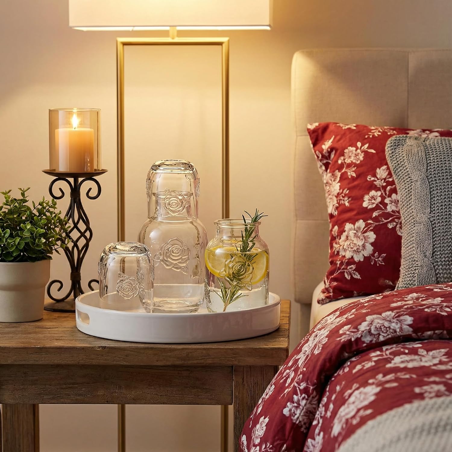 Goaste 2 Sets Bedside Water Carafe with Tumbler, 16oz Vintage Nightstand Glass Pitcher with 5oz Cups, Clear Mouthwash Decanter with Embossed Rose Design for Bathroom, Bedroom, Bar, Kitchen - Image 7