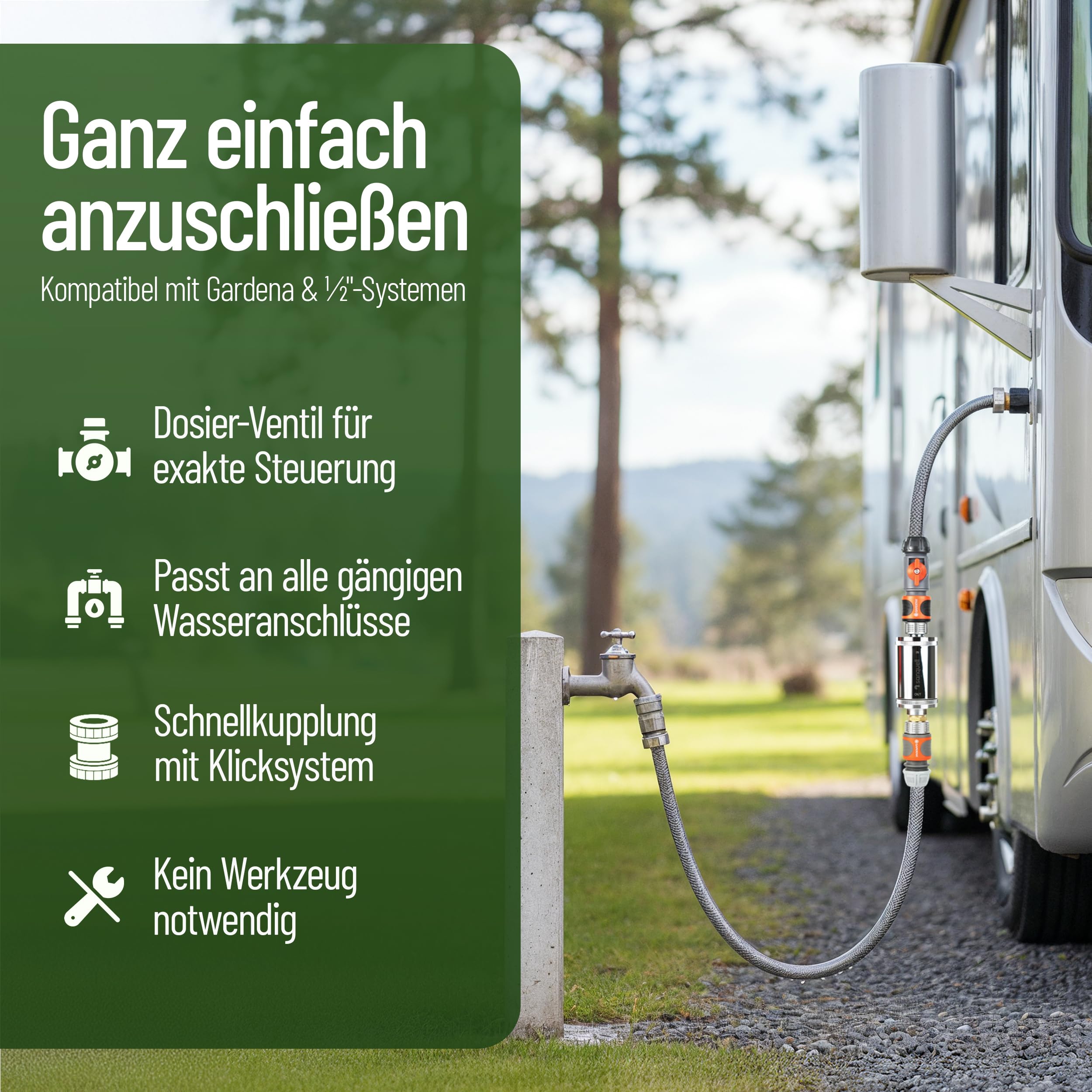 Wasserfilter Camping Wohnmobil, Wohnwagen Explorer | Keimsperre | Medizintechnik | Sauberes Trinkwasser unterwegs | Befüllfilter für Frischwassertank | Komplettset | bis 8 Liter/Minute | Silber