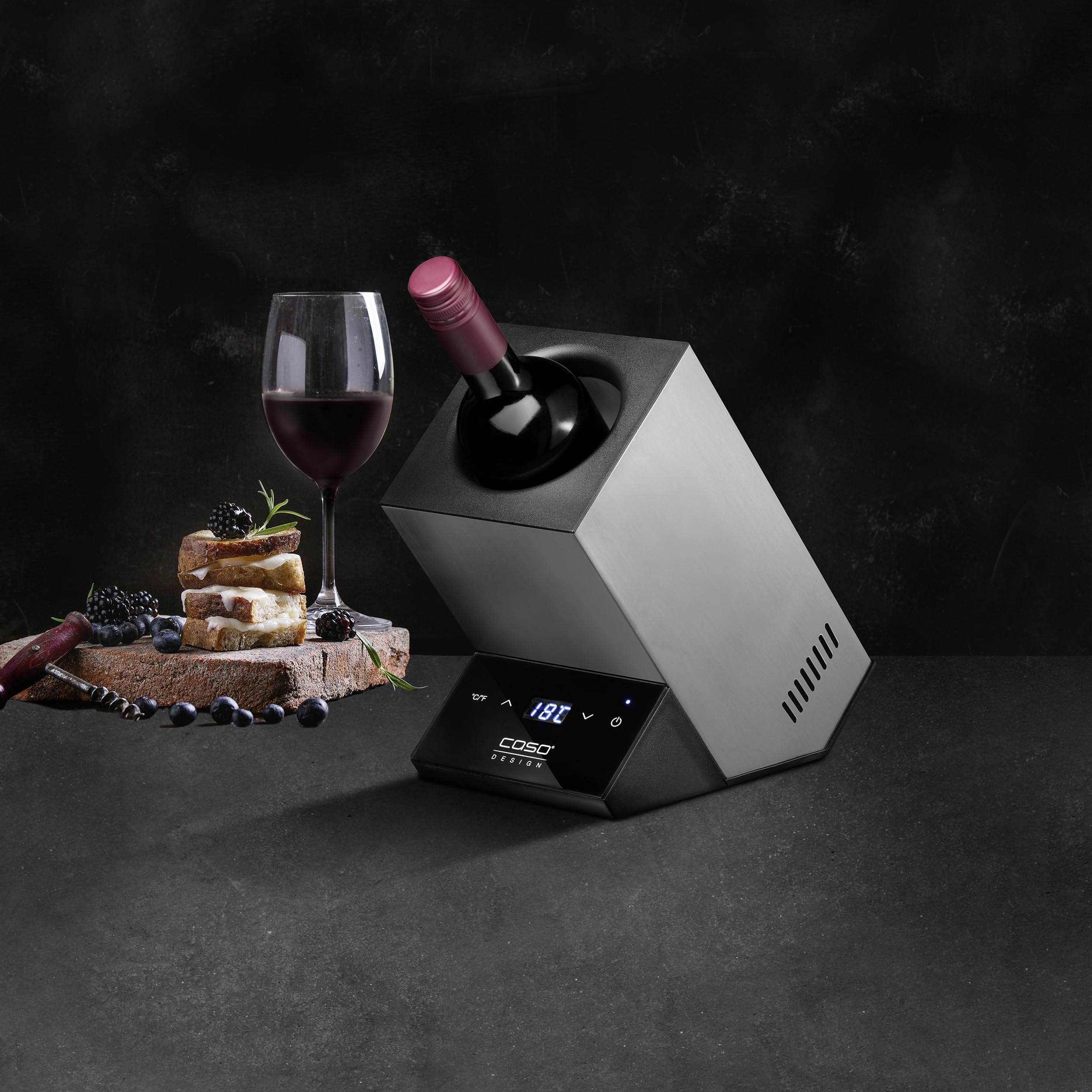 CASO WineCase One Inox Refroidisseur de vin design pour une bouteille, plage de température de 5 à 18 °C, pour bouteilles jusqu'à 9 cm de diamètre, commande tactile, boîtier en acier inoxydable, petit