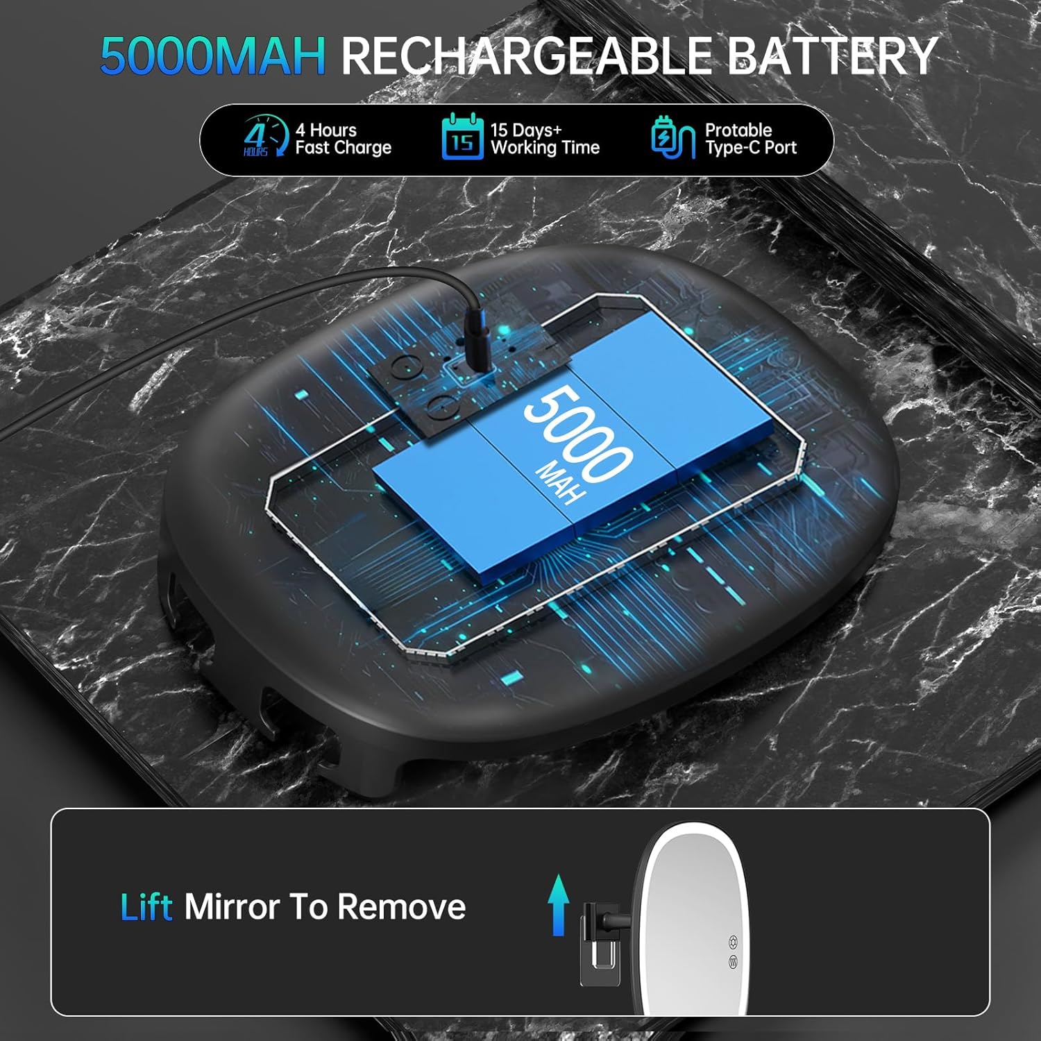 COSMIRROR Heated Shower Mirror Fogless for Shaving, Lighted Shaving Mirror with 2 Razor Holders, 5000mAh Rechargeable No Fog Mirror for Shower with Light, Adhesive Steam Free Shower Mirror for Men