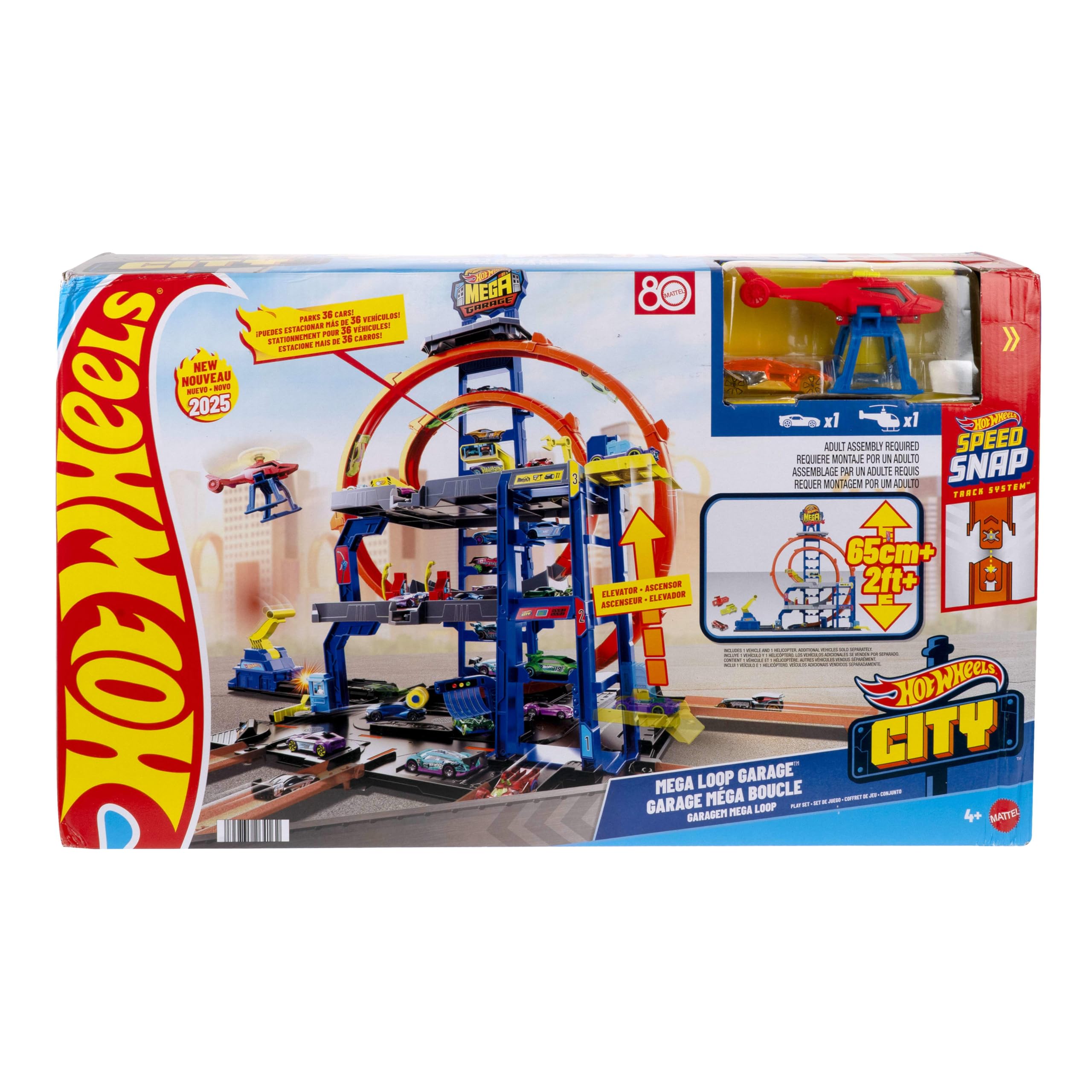 Hot Wheels Mega Loop Garage Spielset mit Auto & Hubschrauber | Spielset mit Die-Cast-Auto & -Hubschrauber, 2 Loopings, Platz für 36 1:64 Autos, Speed Snap Adapter, JLC05