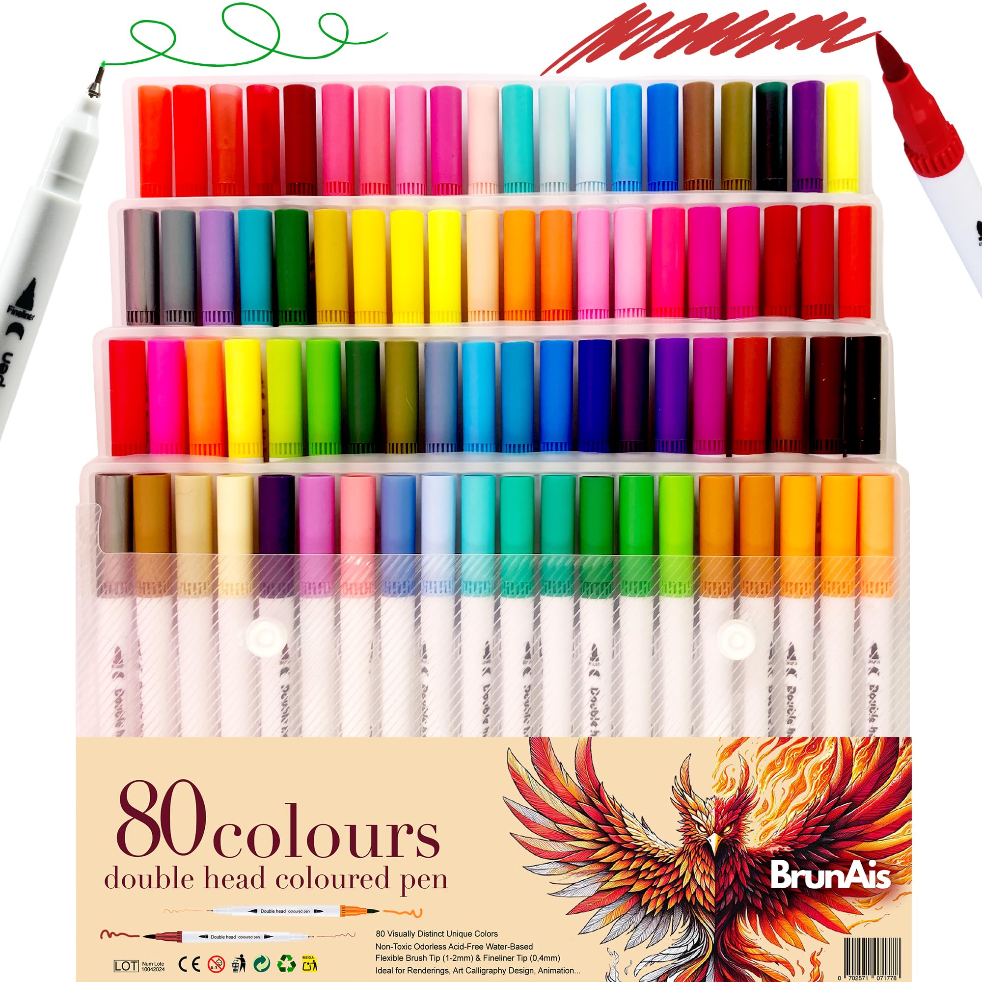BRUNAIS Rotuladores Doble Punta para Lettering y Colorear - Rotuladores Punta Fina y Pincel para Lettering, Mandalas y Sombrear - Kit de Pintura para Adultos y Niños - Tinta a Base de Agua.