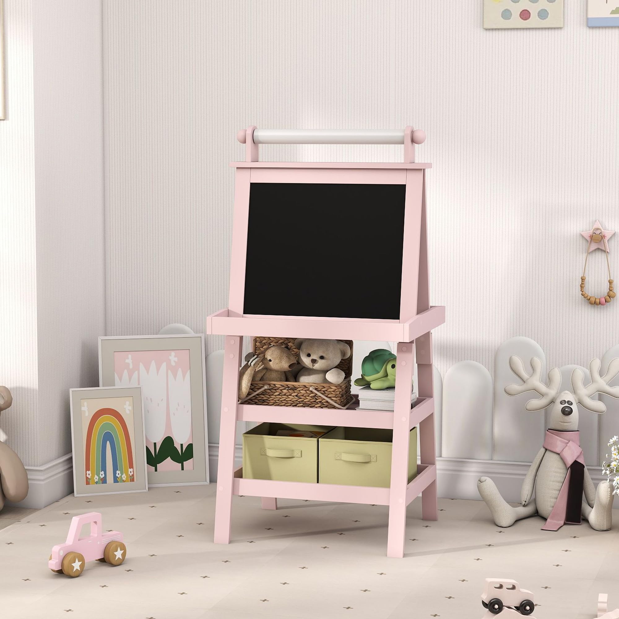 AIYAPLAY Lavagna per Bambini Cancellabile a Doppia Facciate con Rotolo di Carta e 2 Contenitori, Lavagna Magnetica Bianco, Nero con Cavalletto Artistico in Legno per Pittura e Regalo, 3-6 Anni, Rosa