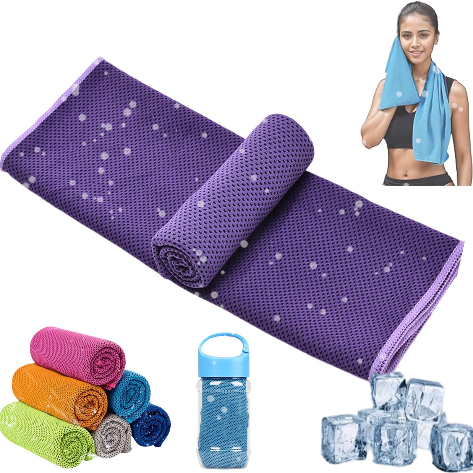 Towelnado Cooling Towel, Ice Cool Towels & Bottle, Soft Breathable Chilly Gym Towel For Neck Face, Fast Drying Bottle Cooling Scarf Cloth for Workout (Purple)