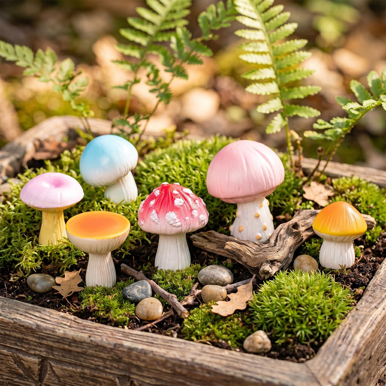 Niedlicher bunter Pilz-Handy-Buddy – 6 Mini-Figuren aus Kunstharz, selbstklebende Dekoration zum Abziehen und Aufkleben für Kindle, Handy, Auto, Armaturenbrett, Schreibtisch, lustiges kleines
