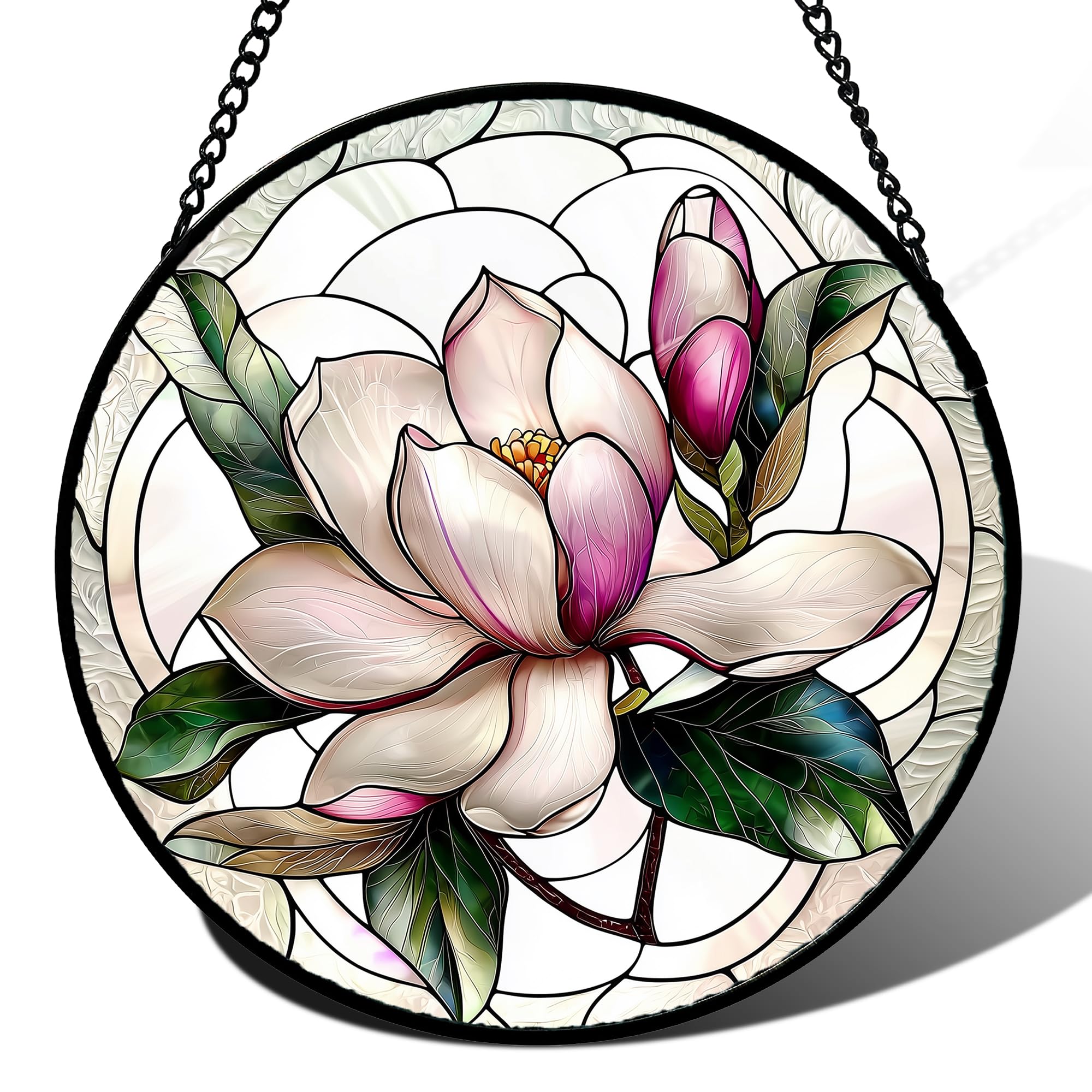 Stained Glass Window Hanging - Pink Magnolia Flower Petal Suncatcher for Doors Window Home Sun Catchers Decor Christmas