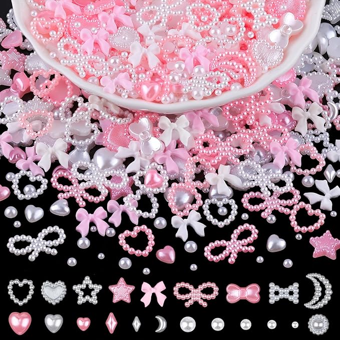 1,200pcs 3D Nail Charms & Pearls Kit White & Pink Hearts, Stars, Bows & Sunflowers with Tweezer & Pickup Pencil