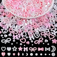 Vista 1 de 1200 piezas de dijes de uñas 3D con formas múltiples y perlas de base plana, estilos mixtos blanco y rosa, corazones, estrellas, lazos, girasoles
