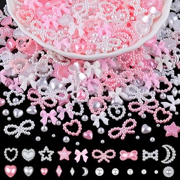 1200Pcs 3D Multi Shapes Nail Charms and Flatback Pearls, White&Pink Mix Styles Heart Star Bow Sunflower Embellishments for Nail Art, Craft and Decoration with Tweezer and Pickup Pencil