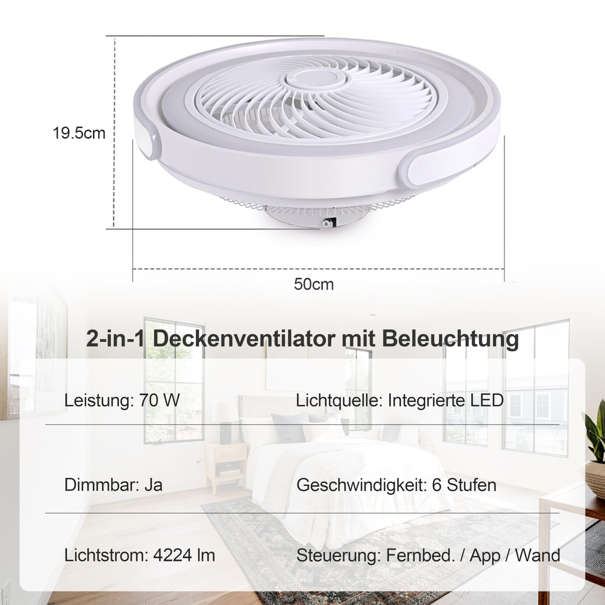 LED Deckenventilator mit Beleuchtung, Leiser DC-Motor, 70W Dimmbar, Fernbedienung & App, 6-Gang, Timer, Sommer/Winterbetrieb, 50cm Weiß