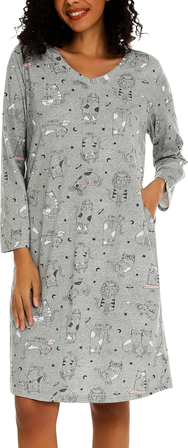 ENJOYNIGHT Women's Cotton Nightgown Long Sleeve V Neck Nightshirt Print Sleep Dress with Pockets - Image 5