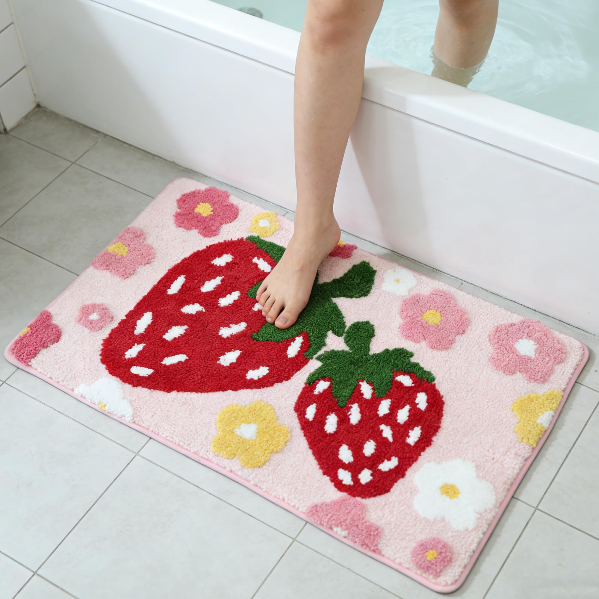 pink strawberry mat いちごのマット Cute Strawberry Flower Bath Mat Pink Bathroom Rug Non Slip