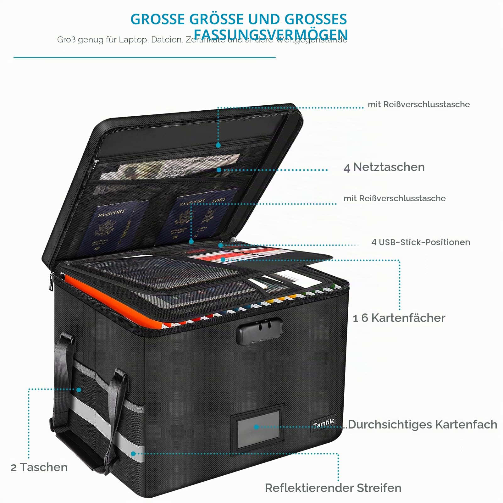 Tamfile Feuerfeste Dokumentenbox, Akten Organizer Box mit Schloss, Schwarz | Wasserfeste, Zusammenklappbare Dokumenten-Aufbewahrungsbox, Tragbare, Aktenbox zum Aufhängen, Für Briefen/Rechtsordnern, Büro