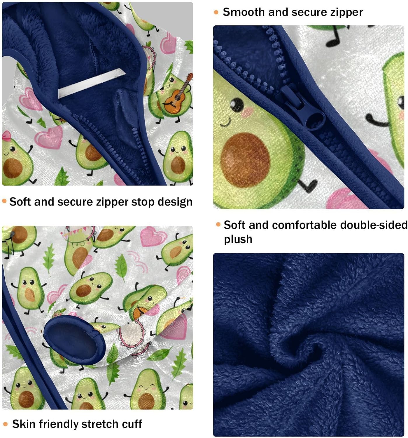 Avocados with Guitars and Hearts Pattern Toddler Jackets Winter Coat Children Navy Blue Cute Baby Boys Clothes